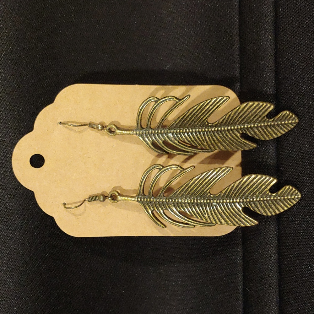 Bronze brown color metal feather earrings, boho style